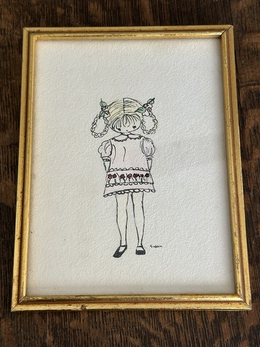 Vintage pen & ink Gold Framed Art - Girl In Dress. Gold Frame. 6x8in Signed