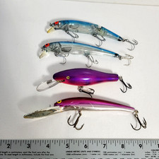 Lot of 4 Used Fishing Lures Musky Walleye Bass Lake Erie Blue purple Crank Baits