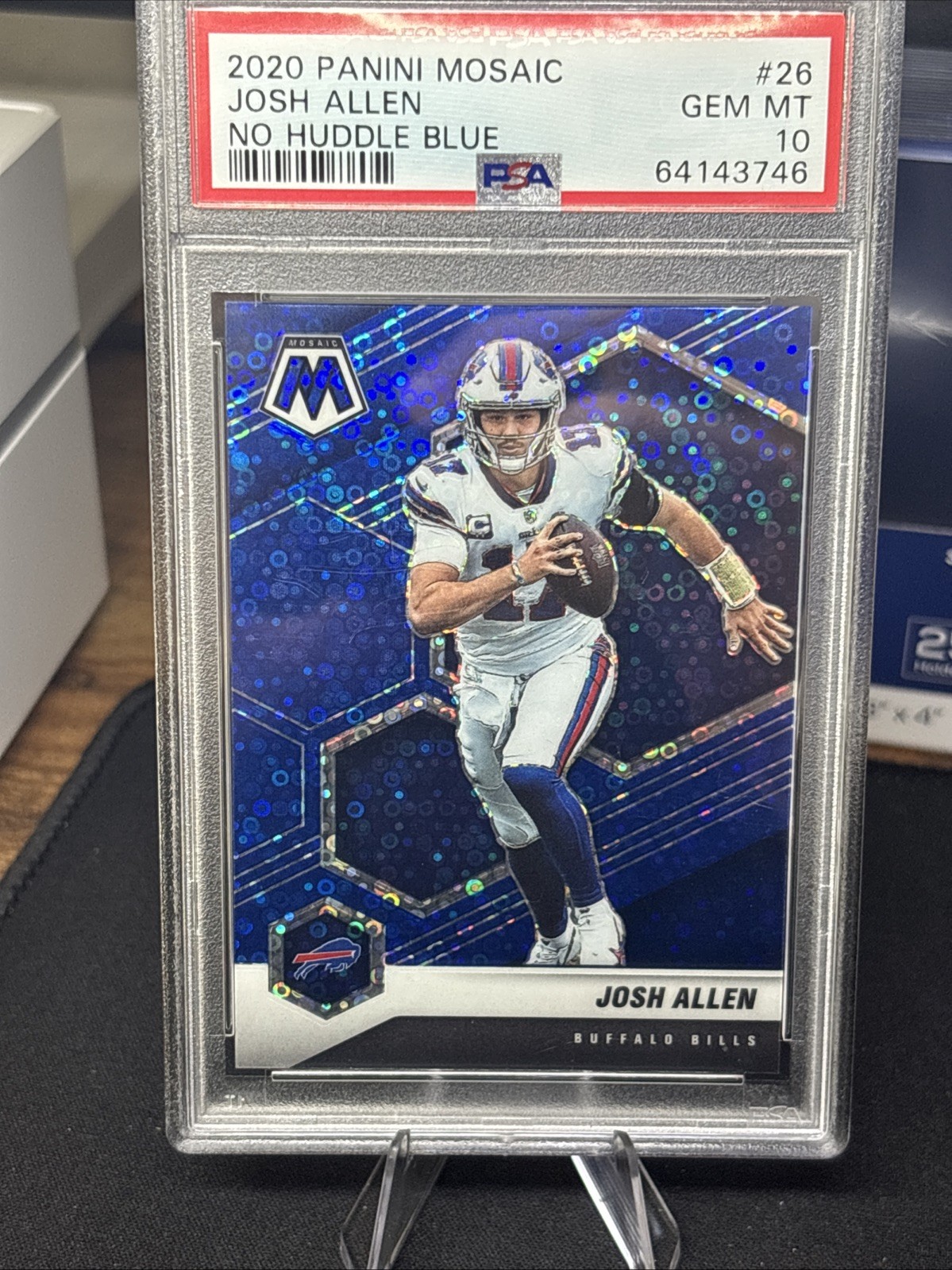 2021 Panini Mosaic Josh Allen No Huddle Blue /75 PSA 10 view 2