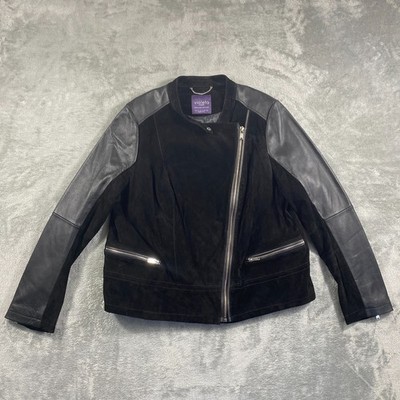 Violeta by Mango Leather Suede Biker Jacket Womens XL Black Asymmetrical Moto