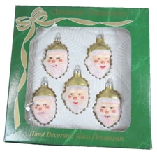 5 Bradford Santa Faces Blown Glass Christmas Ornament Feather Tree Lot D1248