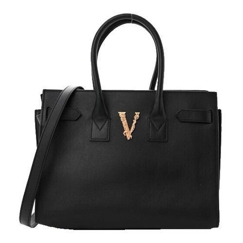 トートバッグ VERSACE Woman Tote bags Black 10058611A03095 1B00V VERSACE Bag White Top Handle Canvas Leather Logo Crossbody