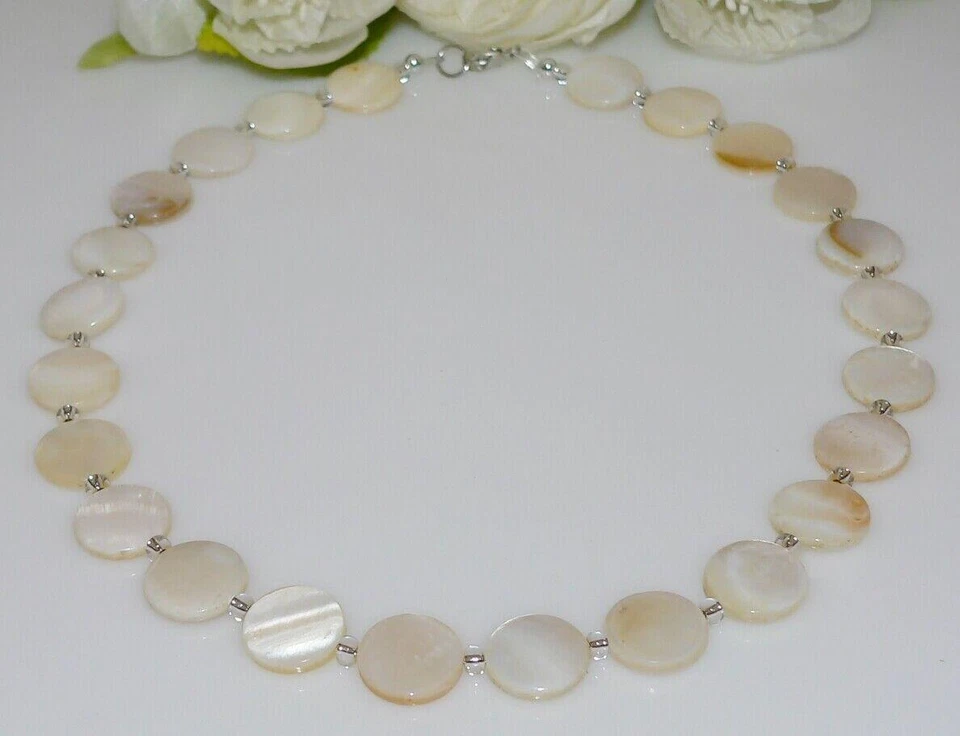 Halskette Kette Collier Muschel Perlmutt Scheibe Ø15mm natur weiss creme 405n - Bild 2 von 4
