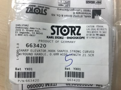 663420 KARL STORZ Sharp elevator, strong curved with round handle, 0.6mm wide,  
