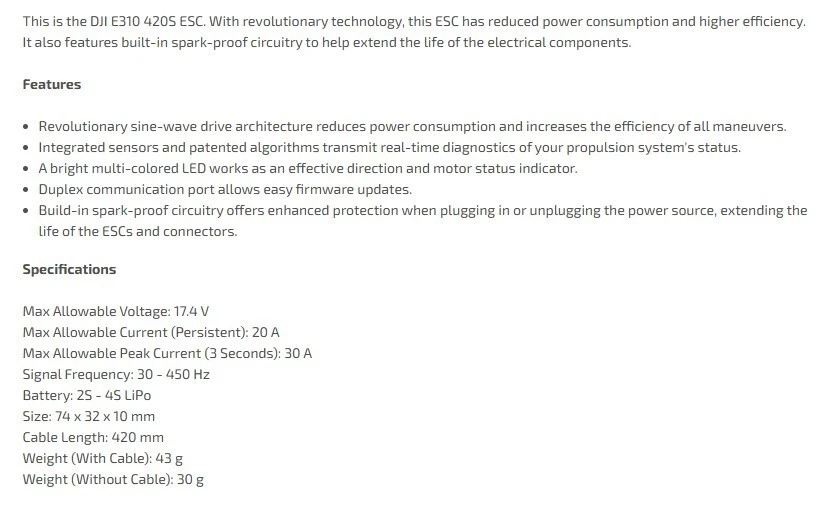ESC - DJI E Series E310 420S 17.4v High Efficiency 20A R/C ESC - Image 3 of 4