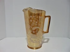 Jeannette White Floral On Marigold Carnival Glass Pitcher Ice Lip