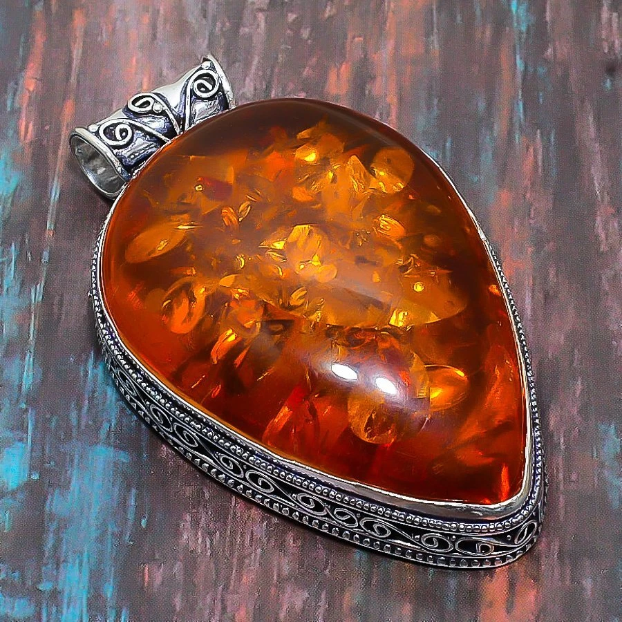 Vintage Baltic Amber Gemstone Handmade Gift Jewelry Pendant 2.56" R672 - Image 2 of 4
