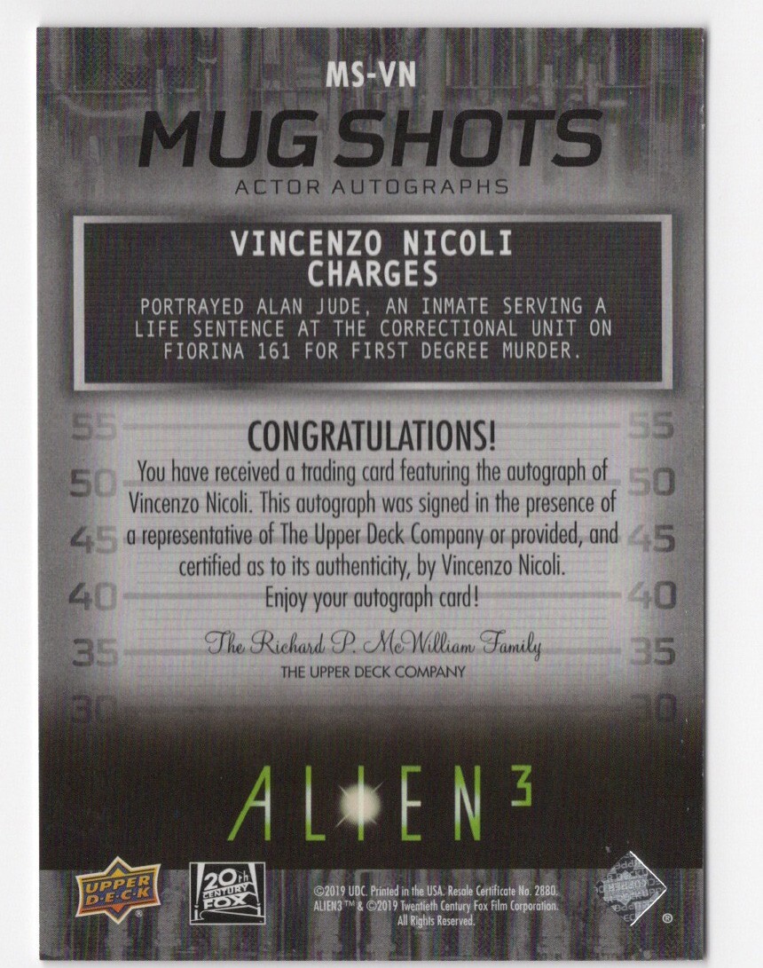 Vincenzo Nicoli 2019 Upper Deck Alien 3 Autograph Card Inscription