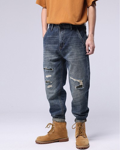 Mode Herren Denim zerrissen gerade Hose locker Retro Jeans Hose Freizeithose - Bild 7 von 8