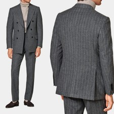 Spring Gray Men's Wool Striped Suits Double Breasted Slim Fit 2 Pieces Tailored