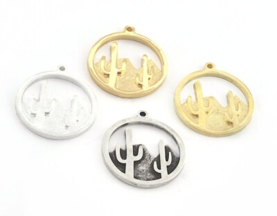 3 pcs Cactus Desert Pendant Charms-Raw-Antique-Shiny silver-gold 25x21mm  5360