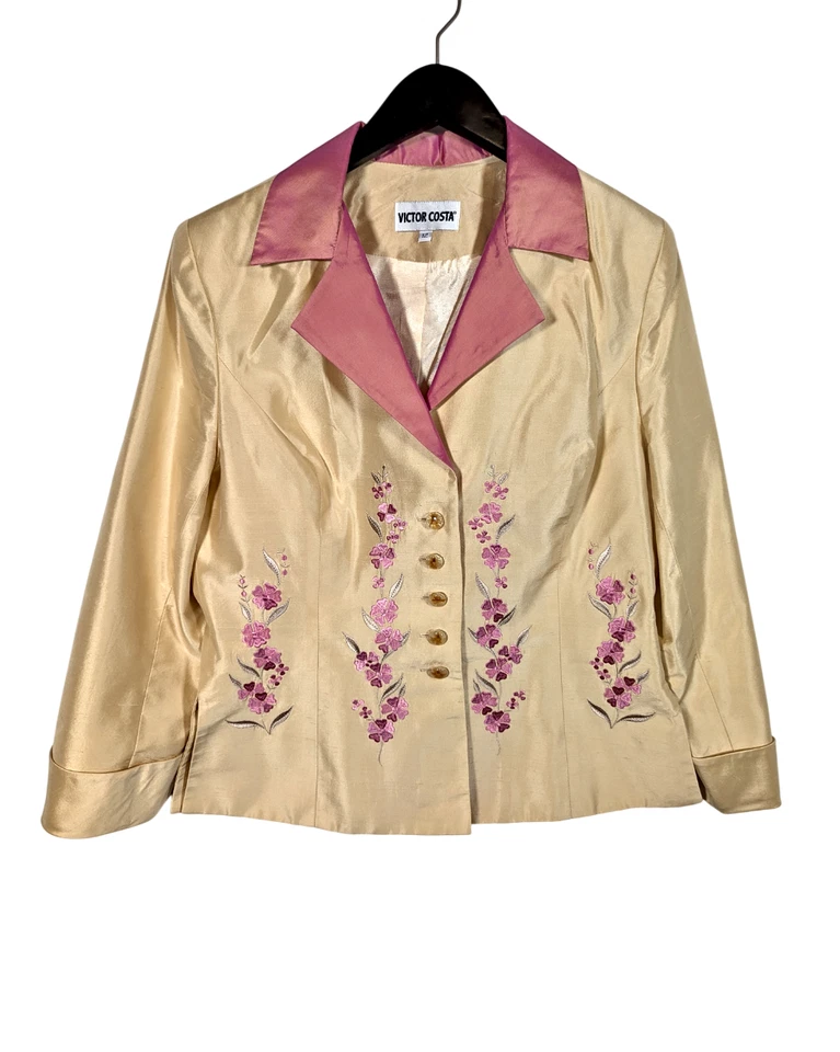 Traje Falda Vintage Victor Costa Talla 12 Diseñador 100% SEDA Perla Dorado Rosa Floral Foto 2 de 4