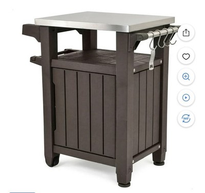 Keter Unity 40 Gal Patio Storage Grilling Bar Cart w/ Stainless Steel Top, Brown