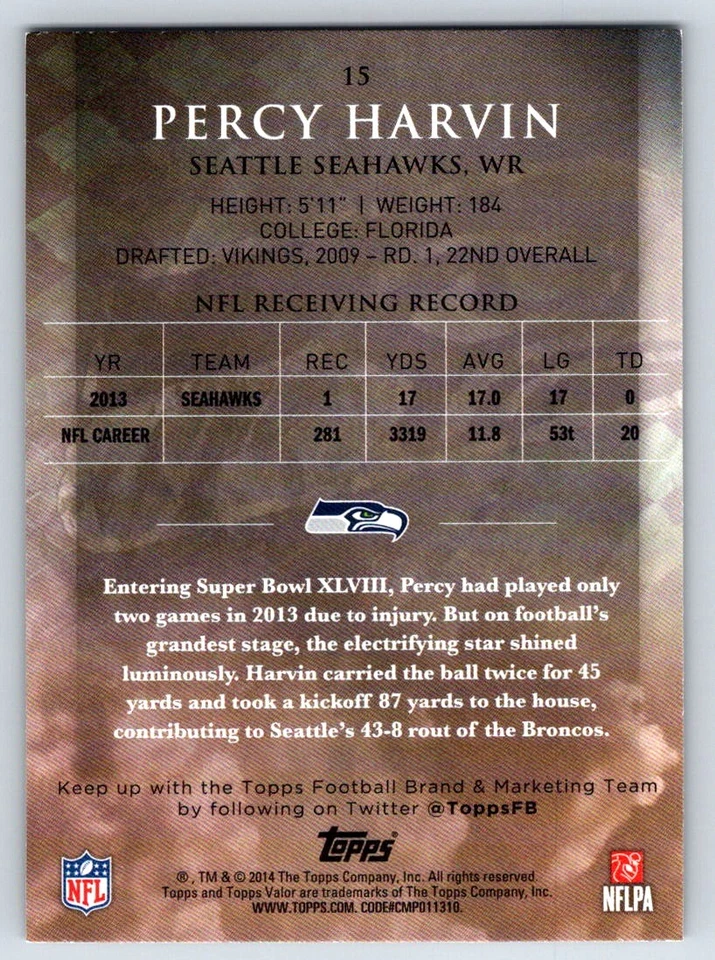 2014 Topps Valor 15 Percy Harvin Seattle Seahawks - Image 2 of 2