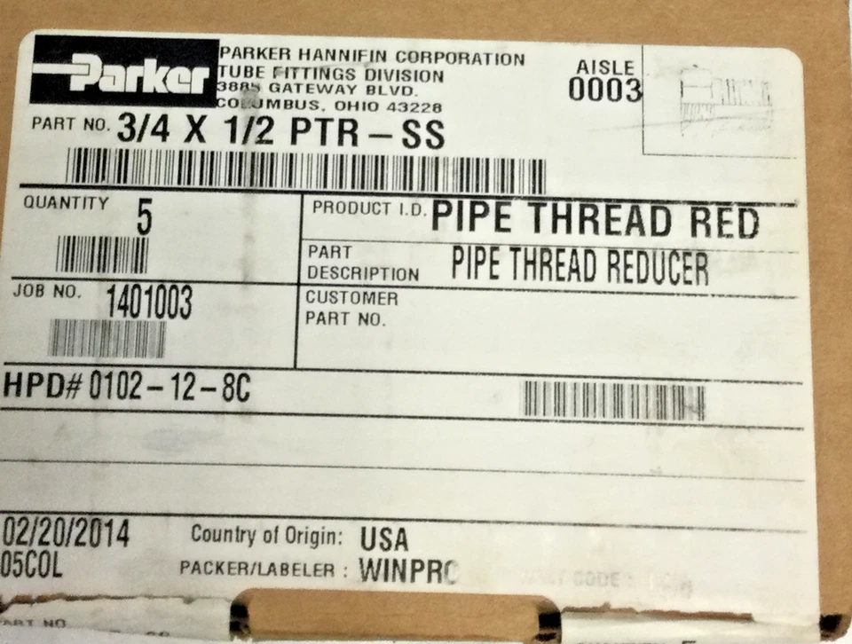 NEW, (LOT OF 5) PARKER 3/4  X  1/2 PTR-SS PIPE THREAD REDUCER, FREE SHIPPING - Image 2 of 4
