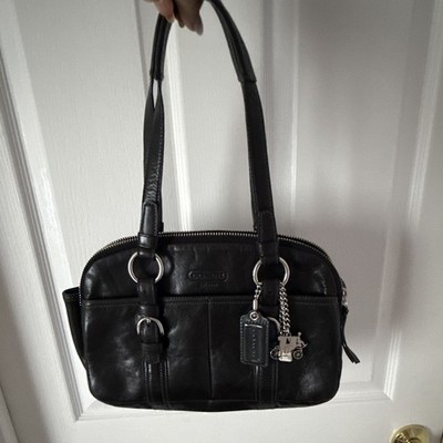Coach Black Satchel Top Handle Bag, Silver Hardware, Zip Closure, Charm