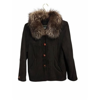 Kim-Kang Fur Fashion Brown Suede Jacket with Oversized Fur Collar Vintage