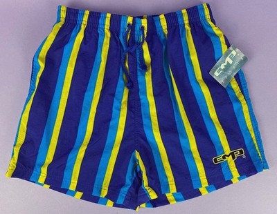 Vintage 80s 90s Purple Blue Yellow Stripe CMP Mens Swim Shorts New Old Stock