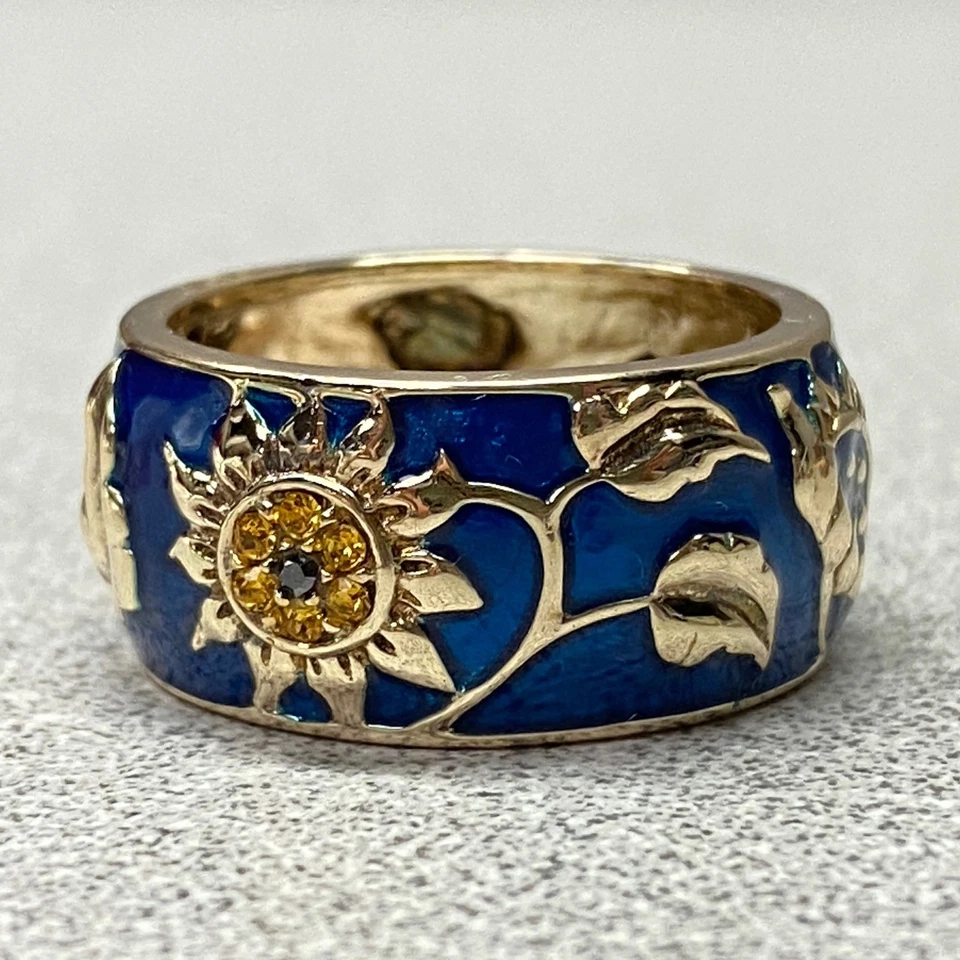 Anillo Oro Sobre Esmalte Esterlina 925 Hoja Girasol Banda Azul Amarillo Talla 7 Foto 3 de 4