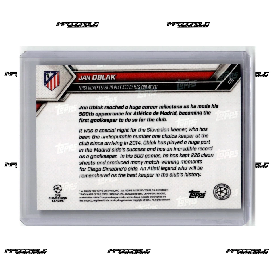 2025 Topps Now UCL - Gold #19 Jan Oblak /50 First Goalkeeper to 500 Games - Image 2 of 2