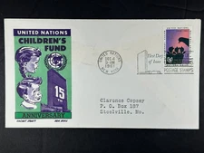 UN FDC 1961 13c Children's Fund 15th Anniversary UNICEF Ken Boll Cachet a221