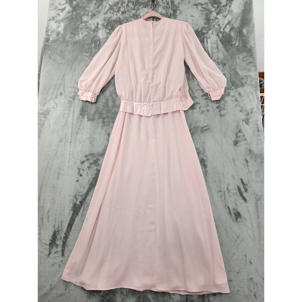 Maxi Vestido Blusa Vintage Años 70 Chifón Plisado Satinado Talla 10 Rosa Formal Foto 3 de 4