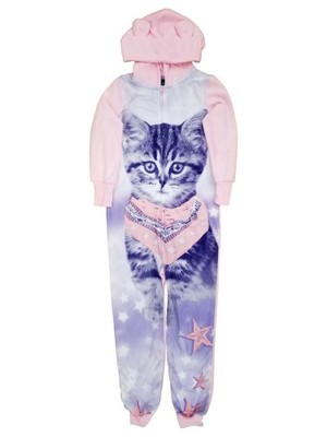 Girls Pink & Purple Kitten Cat One Piece Sleeper Bodysuit w/ Hood X-Small (4/5)