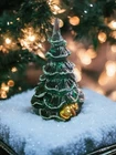 Fenton Green Glass Christmas Tree, Flocked, 4 Inch W/Gold Cat Excellent Label