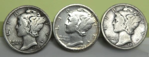 3 Mercury Dimes 1918 Fine, 1918-D Good+, 1918-S Good