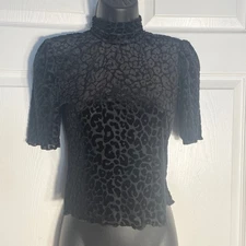 Forever 21 Velvet Burnout Shirt Women M Black Leopard Print Short Sleeve Top