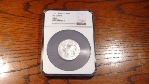 1975 Cayman Islands NGC MS68 $50 FIVE QUEEN'S  SILVER COIN IN BIG HOLDER!