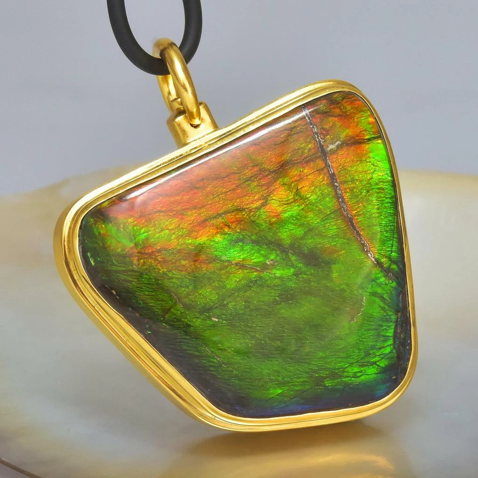 Colgante de oro de 18 quilates Vermeil de ley RARO amonita ammolita y diamante 34,38 g Foto 3 de 4