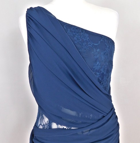 Lipsy Navy Blue One Shoulder Dress Size 10 Lace Ruched Sheer - Picture 6 of 7