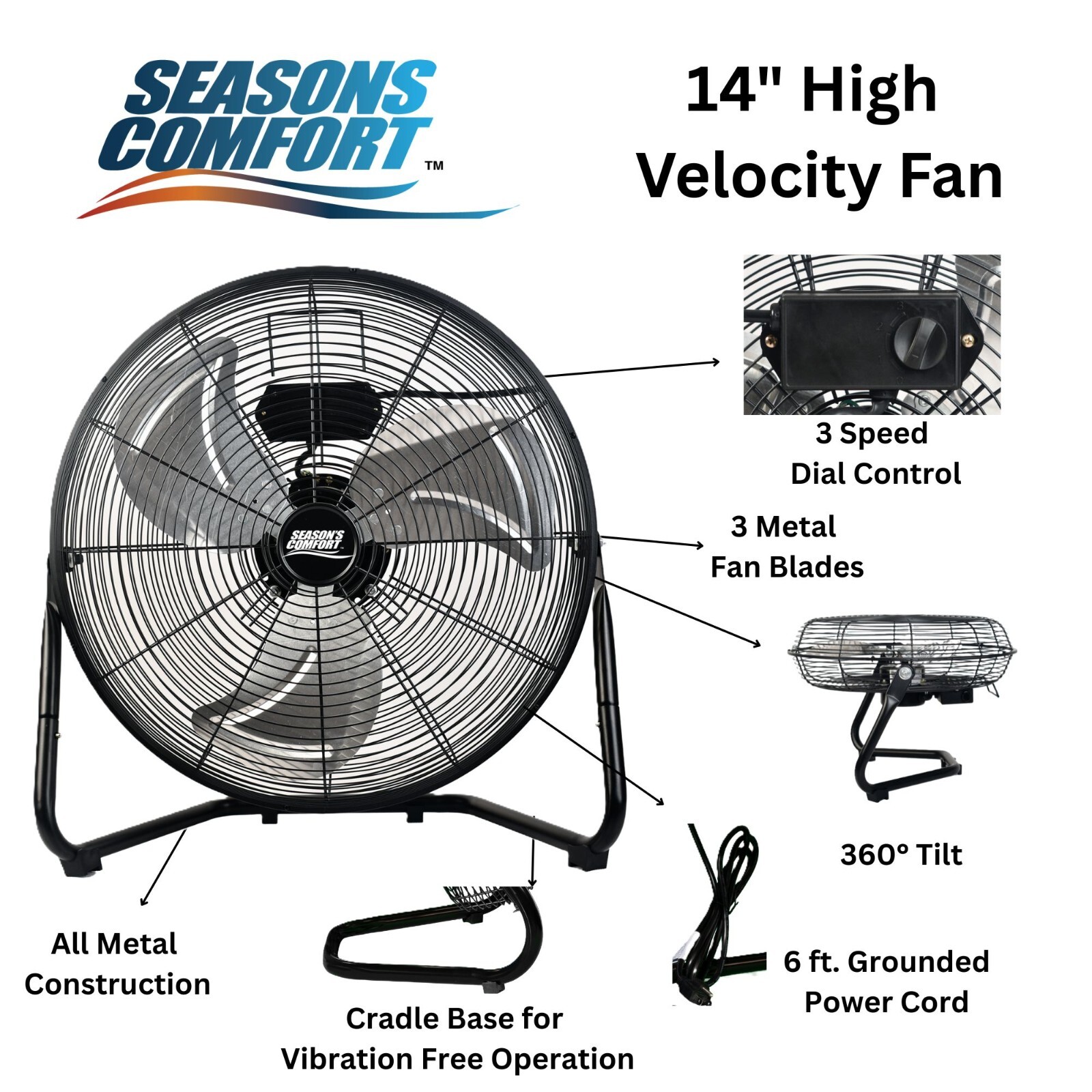 Seasons Comfort 2 Pack of 14 Inch High-Velocity Metal Fan, 360° Tilt - FHV14