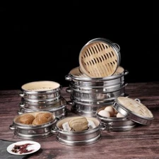Stainless Steel Bamboo Steamer Household Round Dim Sum Steamer Kitchen Tools US