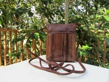 ili New York Brown Leather & Snake Print Trim Small Crossbody Bag Shoulder Purse