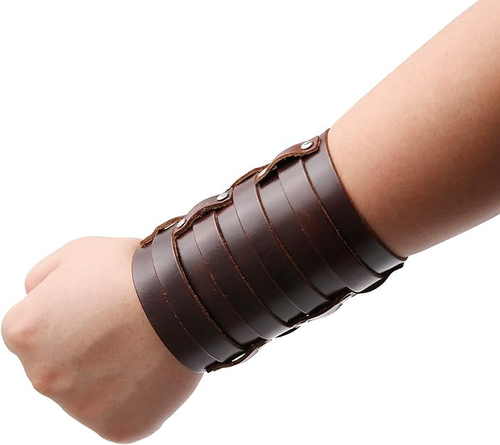 Mens Leather Wide Triple Strap Cuff Wristband Buckle Wrap Gauntlet Brown 4 Rows - Picture 7 of 11