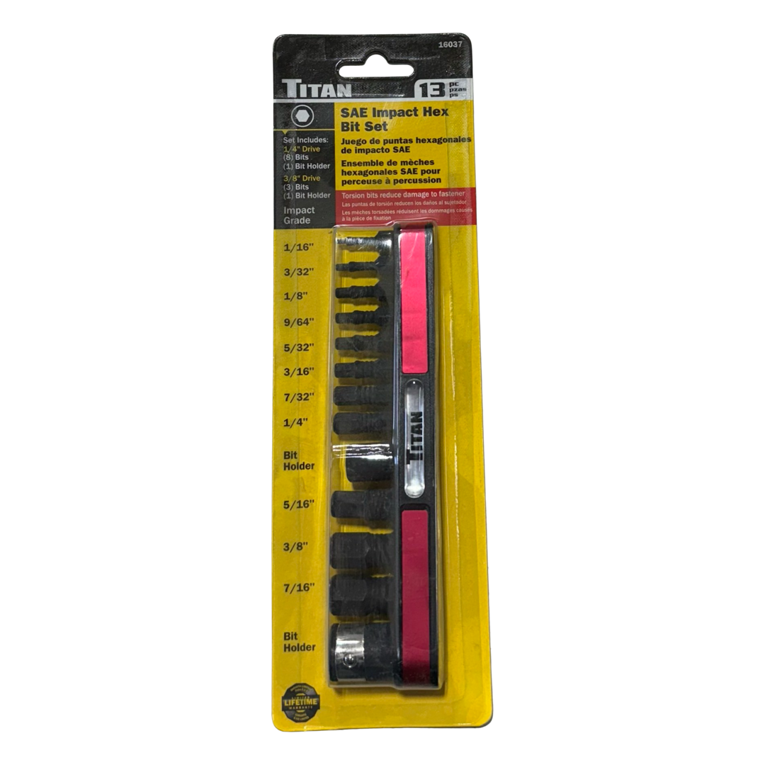 Titan Tools Schlag-Bitset - 13-teilig, SAE Sechskant - Mit Magnetischer Aufbewahrungsschiene
