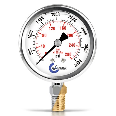 2.5'' LIQUID FILLED PRESSURE GAUGE 0 - 4000 PSI, STAINLESS STEEL CASE LOWER MOUNT