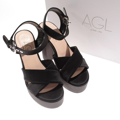 AGL NWB Pam Platform Block Heeled Sandals Size 36 US 6 in Black Satin