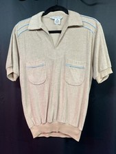 Vintage Terry Cloth Shirt 1970s MED Tan Blue Pinstripe MOD VTG Anderson Little