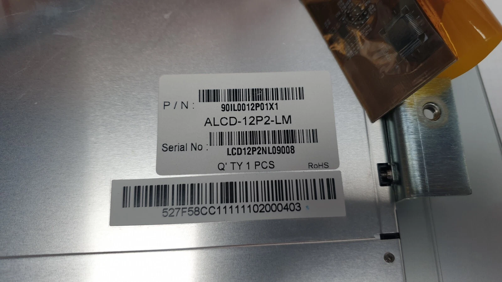 Assembly label P/N 90IL0012P01X1 ALCD-12P2-LM, serial LCD12P2NL09008, Qty 1