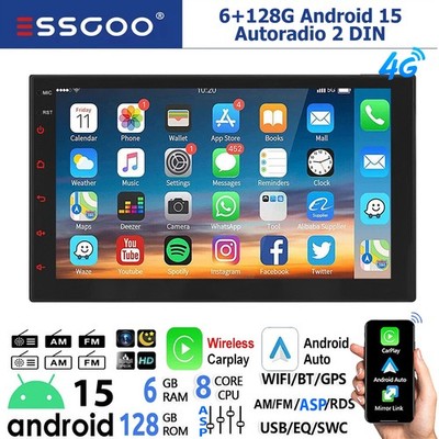 Apple Carplay 6+128GB Android 15 7'' Autoradio 2 DIN 4G GPS Navi RDS AM Bluetooth