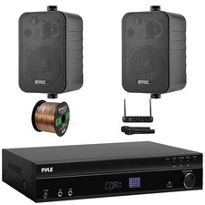 Pyle Home Theater Amp Receiver, 2x 4" 30W Indoor/Outdoor Black Speakers W/ Mic