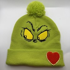 The Grinch Hat Beanie Knit Fitted Youth One Size Green Pom Heart Xmas Winter