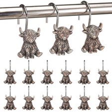 12 Pcs Highland Cow Shower Curtain Hooks - Rust Resistant Rings for Bathroom