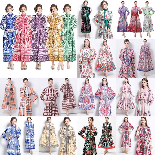 Spring Fall Vintage Baroque Floral Print Mock Neck Belt Women Casual Shirt Dress