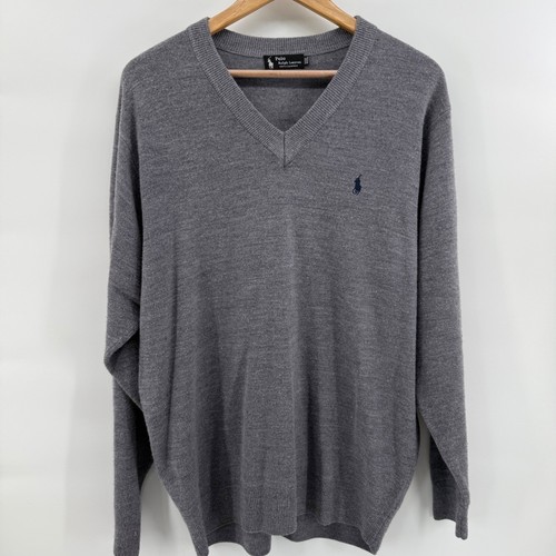 Polo Ralph Lauren, Polo Ralph Lauren Vintage Men Grey 100% Cashmere V-Neck Sweater Black Label 3XL