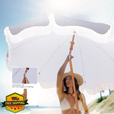 PHI VILLA 7ft Beach Umbrella Stripe Blue White Fringe Sand Anchor