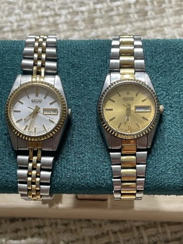 Lot 2 Seiko Quartz Day Date Two Tone Watches 7N83 2A23 Japan Vintage